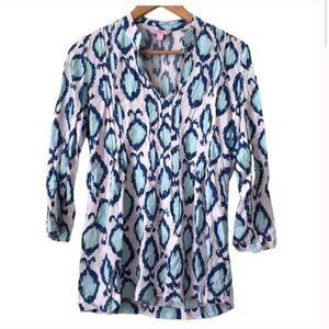Lilly Pulitzer Ikat White Blue Green Sarasota Long Sleeve Tunic Top size L